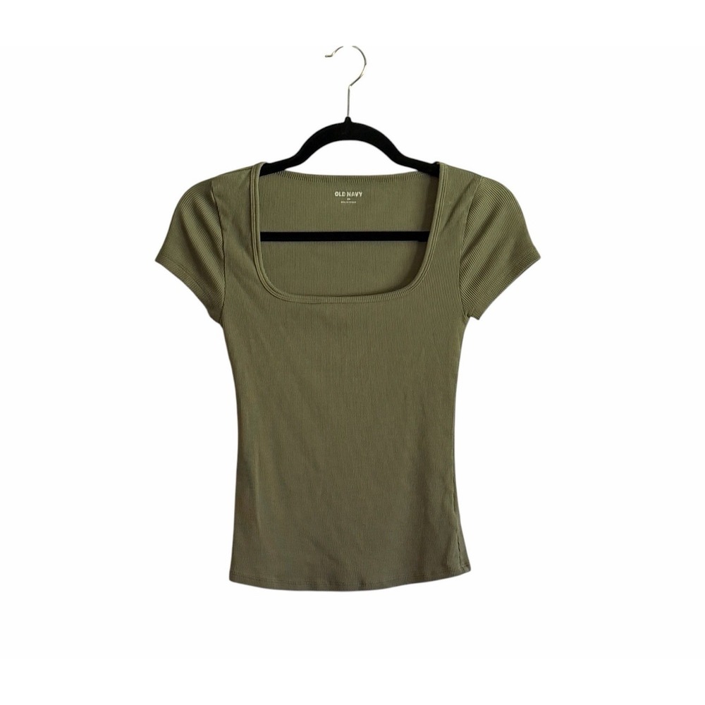 Old Navy Women's Olive Ribbed Square Neck Tee Size XS Fitted Bare Ground